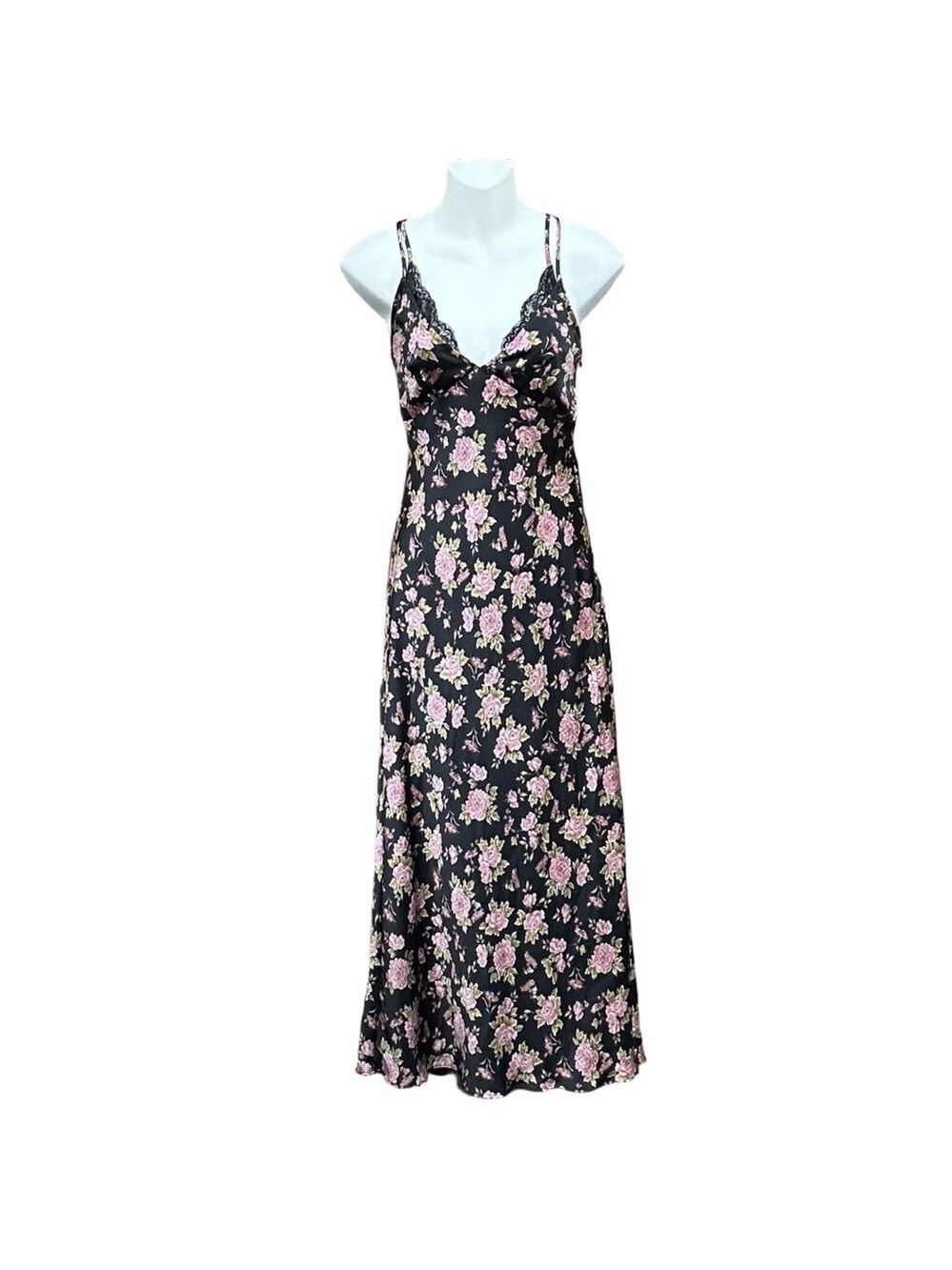 Zara slip dress black floral satin maxi midi Small lace bias cut